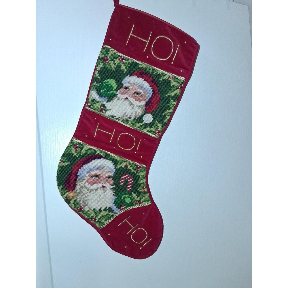 Vintage Needlepoint Santa Christmas Stocking Large Red Velvet HOโ HO HO Holiday